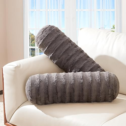 Cheer Collection Faux Fur Bolster Pillows – Soft Decorative Cylinder Pillows for Bed or Couch, Machine Washable – 8” x 24”, Set of 2, Gray - color: Gray