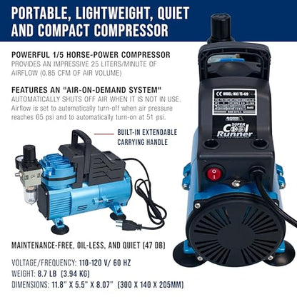 Master Airbrush 1/5 HP Cool Runner Dual Fan Air Compressor Kit Model TC-420 - Professional Single-Piston with 2 Cooling Fans, Longer Running Time without Overheating, Regulator Water Trap Holder - style: Super Cool Runner