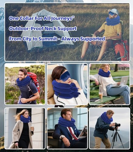 Adjustable Inflatable Cervical Traction Device, Soft Neck Stretcher Support Pillow with Sleep Eye Mask-Blue