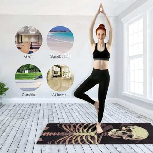 Funny Halloween Skeleton Yoga Mat, 71 x 26 Inch Non-slip Yoga Mats Folding Travel Exercise Mat Indoor Outdoor Gym Pilates with Storage Bag for Women Men