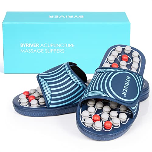 BYRIVER Lower Back Pain Relief Massager Device Product, Spiky Ball Roller Foot Massage Slippers Sandals Shoes, Healthcare Relaxation Gift for mom dad（05XS - color: Blue Spring Slippers, size: XS-Women(5-6.5)