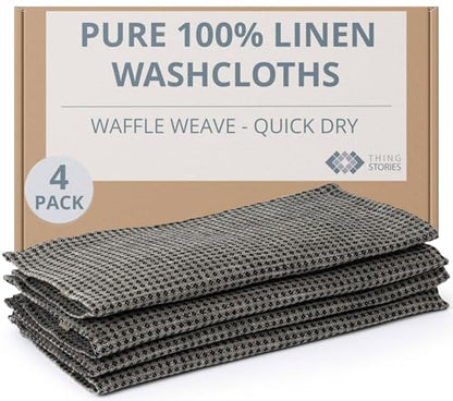 100% Linen Washcloths - 4-Pack 10x10-inch, Thin Waffle Weave, Black-Natural - color: Black Natural, size: Washcloths