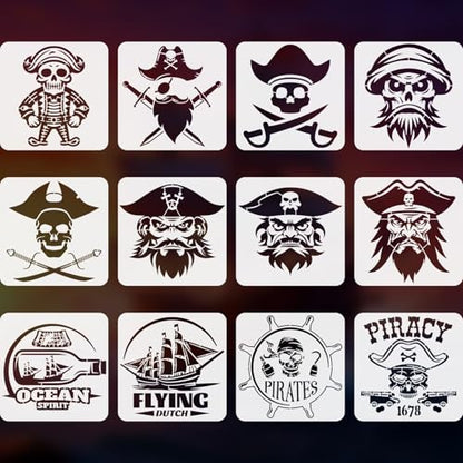YKW 12 Pcs Pirate Stencils Set, Reusable Nautical Theme Painting Templates, Skull Crossbones Ship Captain DIY Crafts, for Wood Walls Chalkboards Rocks,Ideal for Crafters,and Artists - style: Piracy