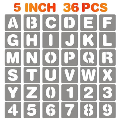 BAMIDELE 5 Inch Letter and Number Stencils, 36 Pcs Reusable Plastic Alphabet Spray Paint Stencils for Painting on Wood, Wall, Fabric, Rock, Chalkboard, Door Porch, Signage, DIY Craft Decoration - size: 5 Inch