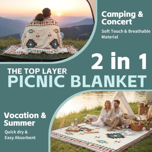 RYCHIC 2 in 1 Extra Large Outdoor Rug Picnic Mat Woven Summer Throw Blanket Boho Giant Beach Travel Essential Yoga Accessories Park Patio Lawn Garden Grass Ground Play Music Festival Concert Must Have - color: Boho Beige
