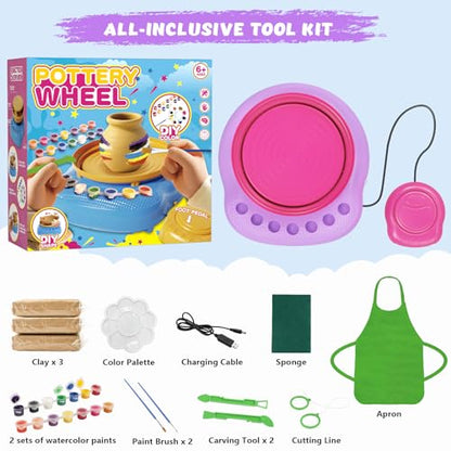 Pottery Wheel for Kids with Air Dry Clay Kit, 12 Paints & Tools, Ages 6-12 | No kiln needed: shape on the electric wheel, air-dry & paint. Gentle beginner speed; kit adds 3 clay packs, tools & apron - color: pink/purple