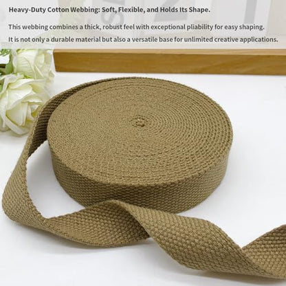 Heavy‑Duty Cotton Webbing Strap 1''x6yds Khaki for Bags | 2mm thick webbing for dog collars, backpack, bag handles, apron straps, slings, sewing repairs & DIY craft projects. - color: Khaki