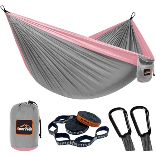 AnorTrek Camping Hammock, Super Lightweight Portable Parachute Hammock with Two Tree Straps Single or Double Nylon Travel Tree Hammocks for Camping Backpacking Hiking - color: Gray&pink, size: Double 118''L x 78''W