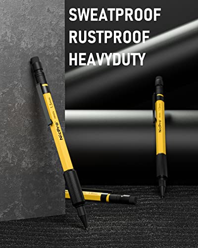 Nicpro 3 PCS 1.3 mm Mechanical Pencil Set with 48 Lead Refills, 3 Eraser | MP2000 Weatherproof Metal Barrel, Heavy Duty Carpenter Pencils for Outdoor Marking Drafting Drawing Woodworking - with Case - style: 3 Pack (Yellow)