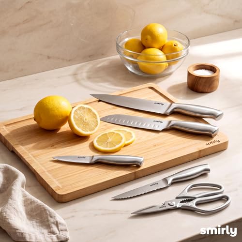 SMIRLY 15 Piece Knife Set with Block for Kitchen - Stainless Steel Knives | Heavy Duty Knife Block with Sharpener Rod, High Carbon Stainless Steel Knives, Dishwasher Safe, Ergonomic Handle