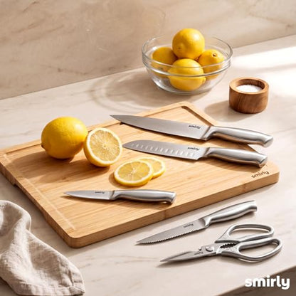 SMIRLY 15 Piece Knife Set with Block for Kitchen - Stainless Steel Knives | Heavy Duty Knife Block with Sharpener Rod, High Carbon Stainless Steel Knives, Dishwasher Safe, Ergonomic Handle