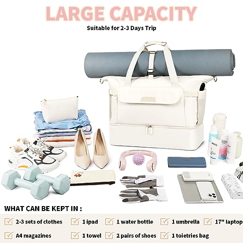 Travel Bag for Women, Sports Gym Duffel Bag, Weekender Overnight Bag with Wet Pocket and Shoes Compartment, Carry On Tote Bag Gym Yoga Duffel Bag for Men - color: Beige