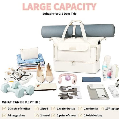 Travel Bag for Women, Sports Gym Duffel Bag, Weekender Overnight Bag with Wet Pocket and Shoes Compartment, Carry On Tote Bag Gym Yoga Duffel Bag for Men - color: Beige