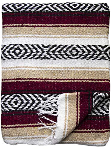 Genuine Mexican Handwoven Blanket, Premium Large Heavyweight Falsa Blanket, Serape & Yoga Blanket | Beach Blanket | Throw Blanket | Picnic Blanket (Large Heavy, Burgandy and Beige) - color: Burgandy and Beige Heavy