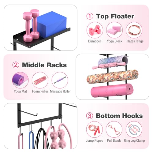 Yoga Mat Holder Wall Mount, 4-Tier Yoga Mat Holder with Shelf