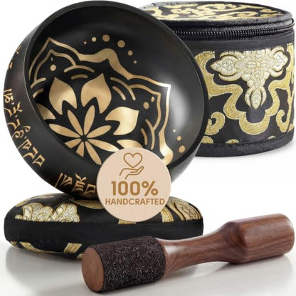 Silent Mind Tibetan Singing Bowl Set – Easy to Play & Beginner Friendly Meditation Bowl with Cushion, Mallet & Case | Stress Relief & Mindfulness | Gift-Ready - color: Coal Black, size: With Case