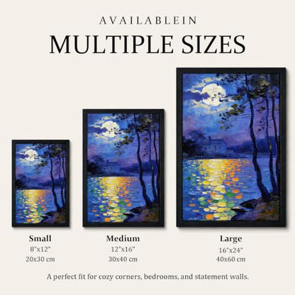 Seaofcity Moonlit Lake Landscape Wall Art, Framed Wall Art for Living Room, Night Blue Scene with Moon Reflection and Distant Cabin, Oil Painting on Canvas, Black Wood Frame, 8" W x 10" L - color: Moonlit Water Lilies, size: 10"l X 8"w