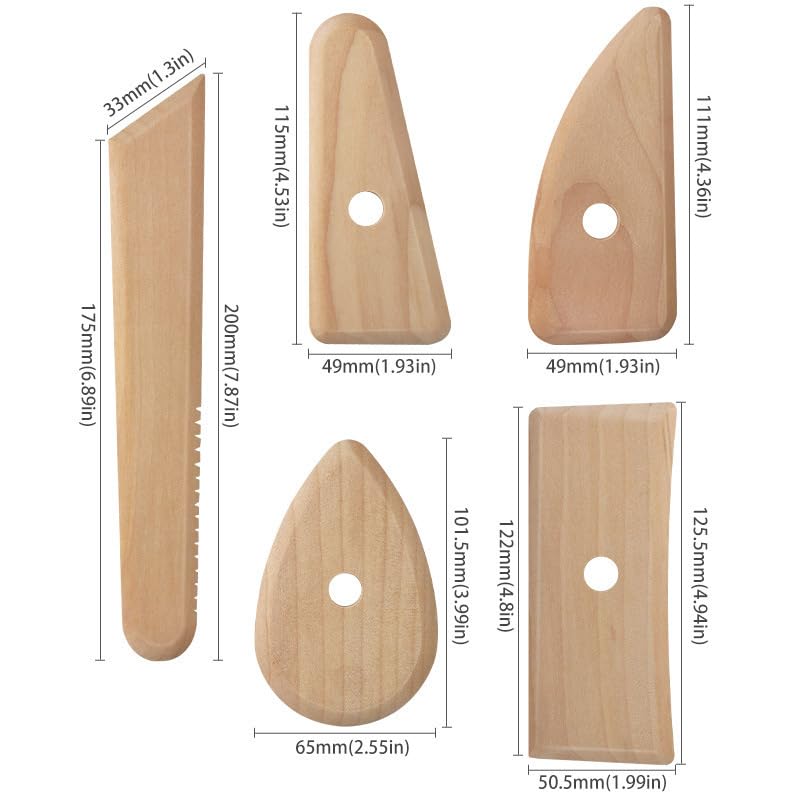5Pcs Pottery Clay Tools Set, Wooden Ribs Scrapers for Ceramic Sculpting and Shaping