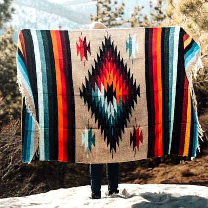 Open Road Goods Aztec Navajo Style Blanket, Throw, or Yoga Bolster - Handwoven Mexican Diamond Blanket (Multi Tan) - color: Multi Tan