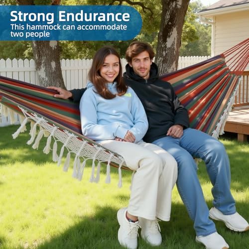 Posprica Brazilian Style Double Hammock with Fringe, 2 Person Patio Hammock for Backyard & Indoor Relaxation, Soft Breathable Fabric, Easy Setup with Straps & Carry Bag, 360 lbs Capacity - color: Red Stripe