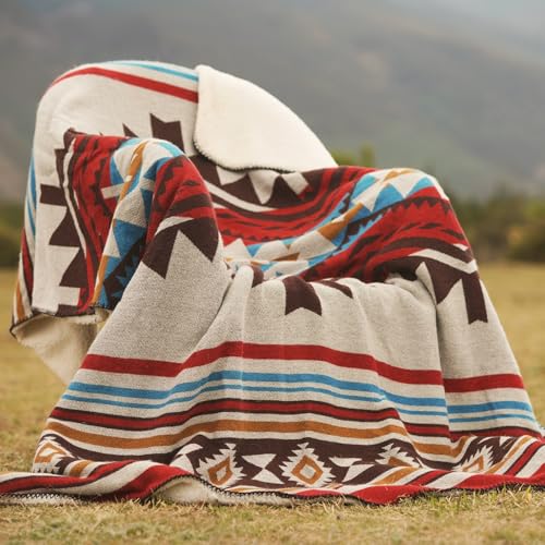 Aztec Throw Blanket with Soft Sherpa Lining, Traditional Southwestern Navajo Tribal Style Warm Throw for Camping, Outdoor, Cozy Boho Blanket for Couch, Sofa, Bed, 60"x80", Red - color: Red, size: 60" x 80"