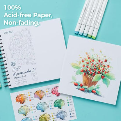 Ohuhu 8.3"x8.3" Double-Sided Bleedproof Marker Pad Art Sketchbook 50 Sheets | Square Sketch Book - 160 LB/280 GSM Smooth Drawing Paper - 50 Sheets/100 Pages - Spiral-Bound Sketch Pad for Alcohol Markers - size: 8.3" x 8.3"