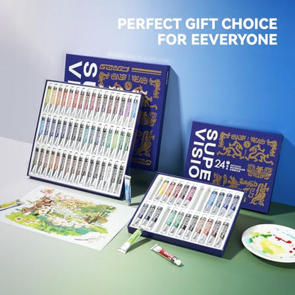 SUPER VISION Watercolor Paint Set Master Artist Grade, 24 Colors x 8ml Watercolor Paint Tubes, Professional Watercolors Made from Mineral Pigments and Gum Arabic