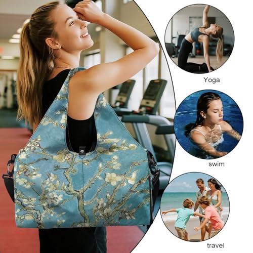 Yoga Gym Bag with Removable Adjustable Shoulder Strap, Shoe Compartment & Top Yoga Mat Holder 17.72x8.66x9.84in - color: Almond Blossom Tree Print