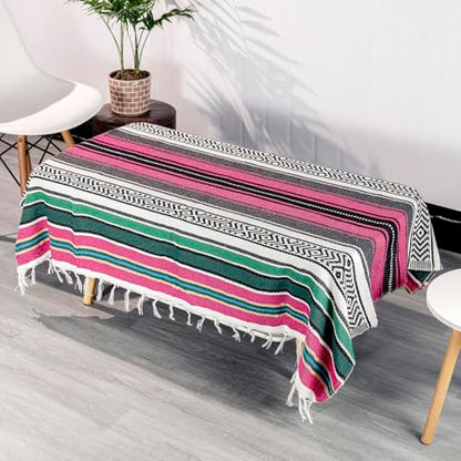 Mexican Blanket Throw with Tassels, 69 x 51 Inches Large Woven Serape Blanket, Boho Striped Picnic Yoga Beach Blanket, Soft Durable Tribal Falsa Blanket for Couch Outdoor Travel - Rose-Blue - color: Rose-blue