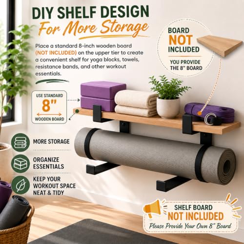 Yoga Mat Holder Wall Mount, 2-Pack Home Gym Storage Rack | Space-saving wall organizer stores yoga mats, foam rollers, and resistance bands for home gyms, studios, and workout spaces.