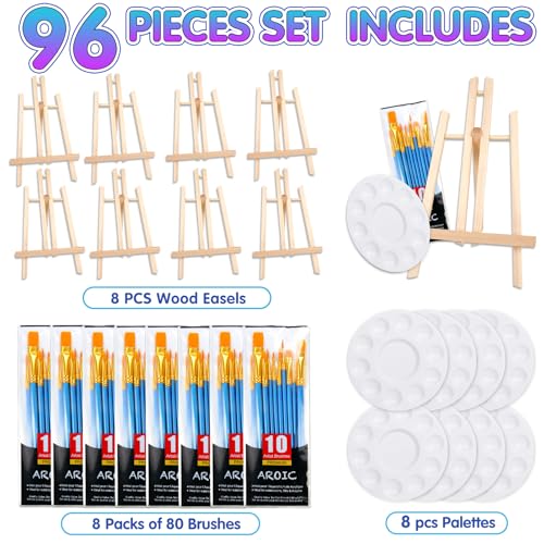 AROIC 96 PCS Painting Supplies Set with Easels | 8 PCS Wood Easels, 8 Packs 80 Brushes with Nylon Brush and 8 PCS Palettes, Tabletop Wooden Art Easel for Kids & Adults - style: 96Pcs(8 Sets)