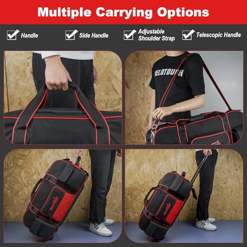 MELOTOUGH Rolling Tool Bag with Wheels,Large Capacity Tool Bag Organizer with Concealed Telescoping Handle for Electrician,Construction,HVAC,Technician (Red/Black) - color: Red/Black