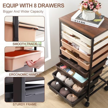SYKIARIOL Rolling Cart with Drawers, 8 Drawers Utility Cart, Brown Gradient - color: Brown Gradient