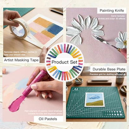 rubens 81 PCS Soft Oil Pastels Kit for Beginner Drawing | 48 Colors Soft Oil Pastels in Box with Palette Knife, Base Board, Tape, 30 Sheets Oil Pastel Paper - color: 48 Colors Set