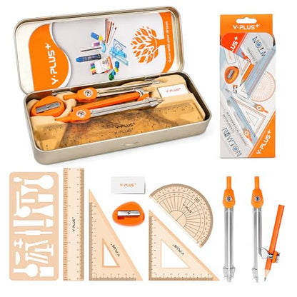 YPLUS Geometry Set, Protractor and Compass Set for Students, 11Pcs | Compass Drawing Tool with Metal Case, Protractor, Formula Card, Rulers, Mechanical Pen, School Supplies for Students - size: 1 Count (Pack of 11)