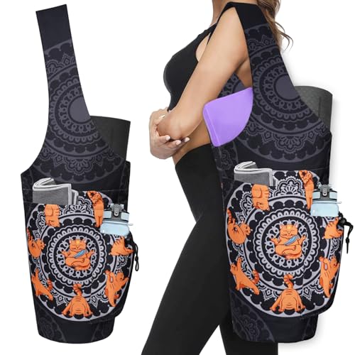 Yoga Mat Bag - Large Opening Long Tote Yoga Mat Carrier Holder Bag with Waterproof Wet Zipper Pocket and Drawstring Water Bottle Pocket - Yoga Bag Fit Most Size Mats - color: Cat Yoga Black