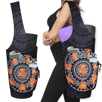 Yoga Mat Bag - Large Opening Long Tote Yoga Mat Carrier Holder Bag with Waterproof Wet Zipper Pocket and Drawstring Water Bottle Pocket - Yoga Bag Fit Most Size Mats - color: Cat Yoga Black