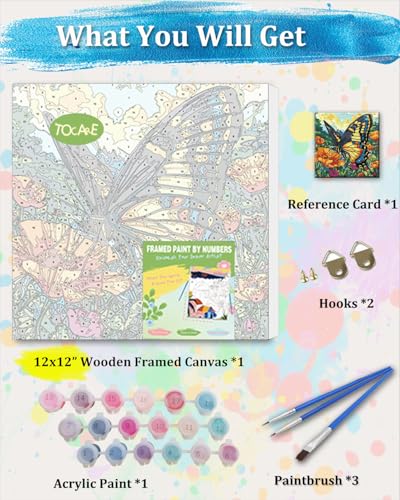 TOCARE Framed Paint by Numbers Kit for Adults & Kids Ages 8-12, 12x12Inch Colorful Butterfly Paint by Numbers with Frame, Flower Paint by Number Framed Canvas for Animal Lovers (Without Easel) - color: TC-F-368