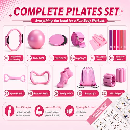 Pilates Kit for Home Workouts, Complete Pilates Starter Set for Women with Workout Guide, 15 Inch Pilates Ring, Mini Pilates Ring, Ball, Resistance Bands, Yoga Strap, Grip Socks & Carry Bag