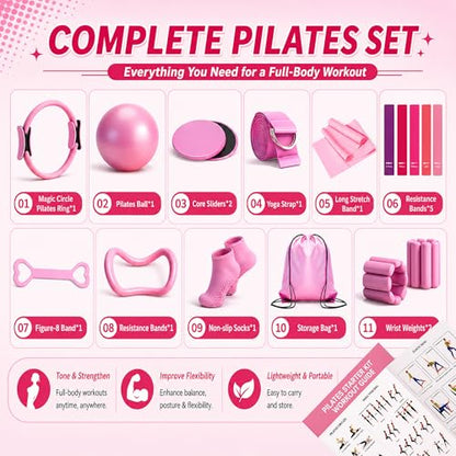 Pilates Kit for Home Workouts, Complete Pilates Starter Set for Women with Workout Guide, 15 Inch Pilates Ring, Mini Pilates Ring, Ball, Resistance Bands, Yoga Strap, Grip Socks & Carry Bag
