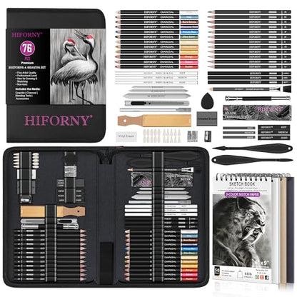 HIFORNY 76 PCS Drawing Set Sketching Kit,Sketch Pencils Art Supplies with Graphite,Charcoal,Blending Tools & Accessories,Portable Zippered Travel Case for Artists & Beginners