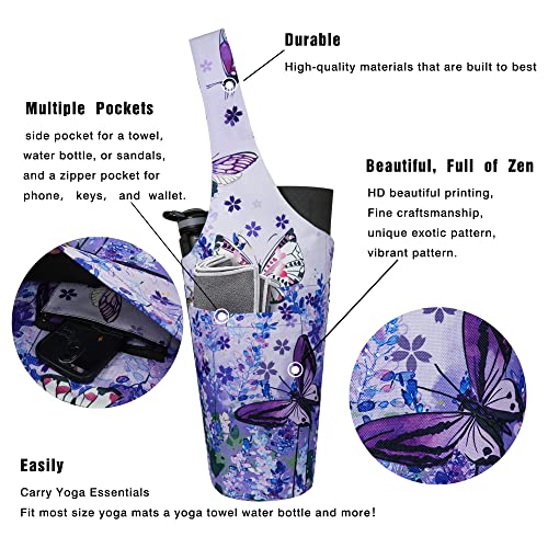 Yoga Mat Bag - Long Tote with Pockets - Holds More Yoga Accessories - Yoga Bag Fit Most Size Mats - Yoga Mat Carrier - color: Butterfly