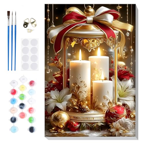 Bowetile Christmas Paint by Numbers for Adults Beginners Framed, Candles Adults' Paint-by-Number Kits, Adult Paint by Number Kits on Canvas, Acrylic Number Painting for Home Decor, 8x12in - color: Candles