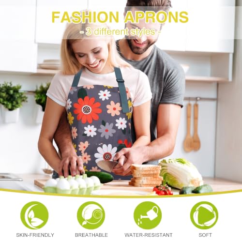 BOUMUSOE 3 Pack Floral Aprons with Pocket, Blooming Womens Aprons | Waterproof Adjustable Cooking Aprons for Kitchen Gardening and Salon - color: Red, Pink, Yellow
