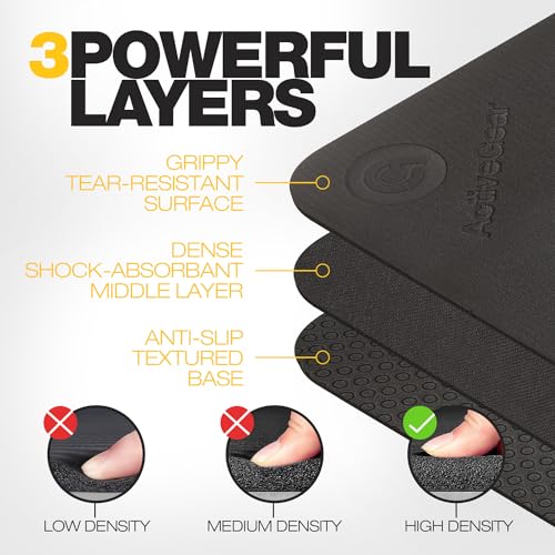 ActiveGear Large Exercise Mat, 6'x4' Non-Slip Rubber Home Gym - Black | 7mm non-slip rubber cushions joints on carpet, tile or concrete. Shoe-friendly. Non-toxic, durable materials.