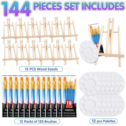 144 PCS Professional Painting Set, 12 PCS Wood Easels,12 Pack 120 Brushes | with Nylon Brush Head and 12 PCS Palettes, Painting Supplies kit for Kids & Adults Party - style: 144Pcs(12 Sets)