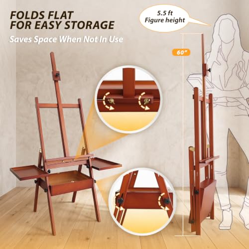 Painting Easel Stand with Storage, 57"-72" Height Adjustable Art Easel | Foldable beech wood easel with drawer trays,H-frame artist easel stand for painting,Wooden floor easel holds canvas up to 36" - color: Warm Walnut