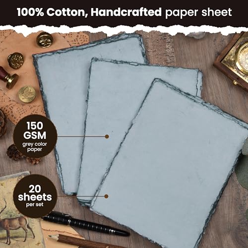 LEATHER VILLAGE Watercolor Paper- 7 X 10 inches - 20 Sheets Watercolor Paper for Drawing, Sketching, Painting & Crafts - 150 GSM Thick Deckle Edge Virgin Cotton Handmade Paper - Grey - color: Grey Toned, size: 7 X 10 Inch