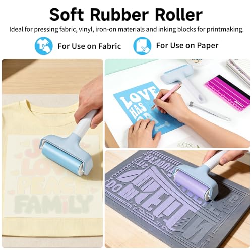 TECKWRAP Brayer Roller Set for Vinyl DIY Crafts & Relief Printing - 4 PCS | Printmaking Brayer, Pin Pen, Tweezers & Felt Squeegee for Iron-On Vinyl Stickers, Scrapbooking, Stamping, Card Making - color: Blue 4 set