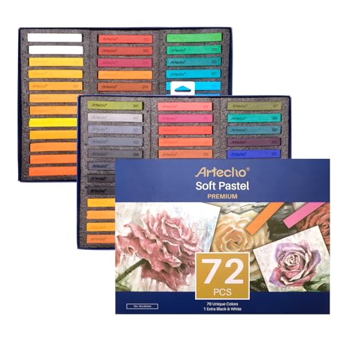 Artecho 72pcs Soft Pastels, 70 Colors | 4 Fluorescent Colors, Extra Free Black & White, Square Chalk, For Drawing, Blending, Layering, Shading - style: 70 colors long